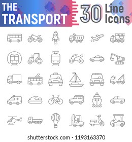 Transport thin line icon set, vehicle symbols collection, vector sketches, logo illustrations, car signs linear pictograms package isolated on white background, eps 10.