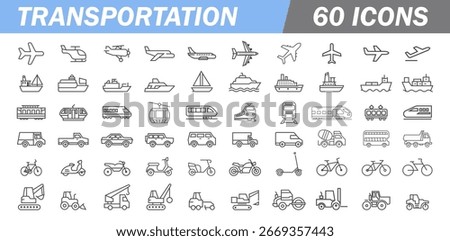 Transport thin line icon set. Vehicle icons. A collection of editable stroke icons for transport. In a modern thin line style, types of transport icons: heavy equipment, trains, helicopters, buses, sh