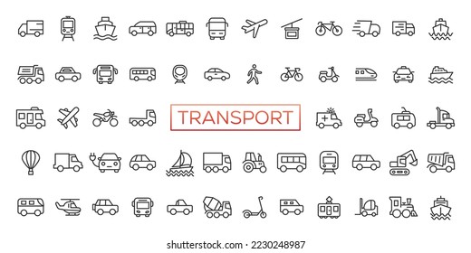 Juego de iconos de línea delgada de transporte. Iconos del vehículo. Colección de símbolos de transporte. Tipos de transporte. Ilustración del vector