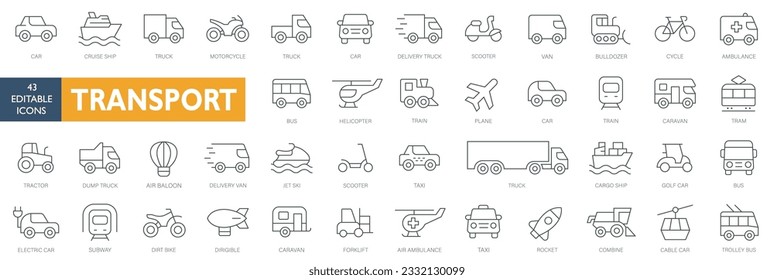 Transport thin line icons set. Vehicle icons. Transport editable stroke icons collection. Transport types. Vector illustration Transport, vehicle and delivery elements - minimal thin line web icon set