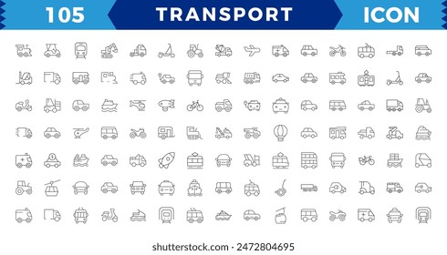 Conjunto de iconos de línea fina de transporte. Iconos del vehículo. Colección de iconos de trazo editables de transporte.en estilo de línea delgada moderna de los tipos de iconos de transporte: taxi, tren, helicóptero, autobús, barco, avión.