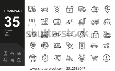 Transport thin line icons set. Vehicle icons. Transport editable stroke icons collection.in modern thin line style of transport icons types: taxi, train, helicopter, bus, ship, plane.