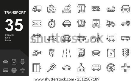 Transport thin line icons set. Vehicle icons. Transport editable stroke icons collection.in modern thin line style of transport icons types: taxi, train, helicopter, bus, ship, plane.