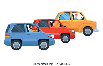 Transport and three vehicles riding cartoon vector illustration graphic design.