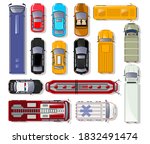 Transport top view set. Isolated top view of automobile, police car, fire truck, auto, taxi cab, van, bus, tram, ambulance city transport vehicle icon collection. Transportation vector illustration