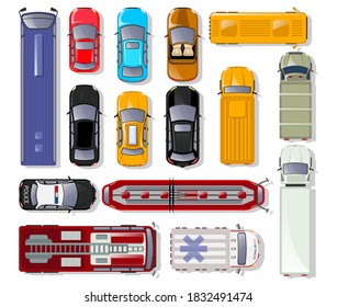 Transport Top View Set. Isolated Top View Of Automobile, Police Car, Fire Truck, Auto, Taxi Cab, Van, Bus, Tram, Ambulance City Transport Vehicle Icon Collection. Transportation Vector Illustration