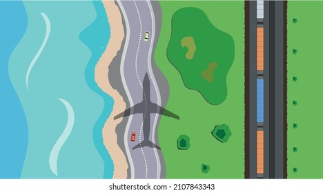 Transport top view,traffic vector aerial,flat car, airplane and train,landscape cartoon illustration, geometric map for business