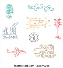 Transport and tourism  icons set with  airplane and ship, in sketch drawing style, for  travel transportation business design