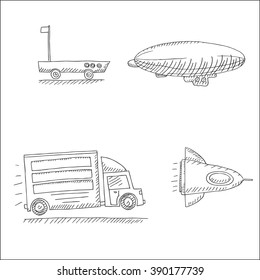 Transport and tourism icons set with airplane, Zeppelin , Shuttle rocket and boat, in sketch hand drawn style, for transport, transportation and logistics business design