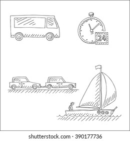 Transport and tourism icons set with timer, sail boat and car rescue service drawings, in sketch hand drawn style, for transport, transportation and logistics business design