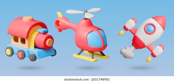 Transport Toys 3D Vector Icon Set: Train,Helicopter,Rocket.