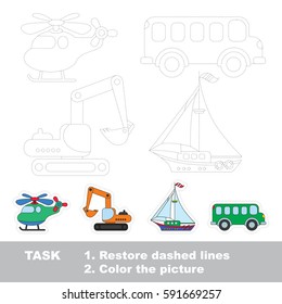 Transport tracing set, the helicopter, the bus, the yacht and excavator. Dot to dot educational game for kids.