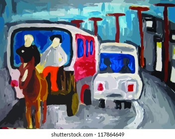 transport, traffic, car, horse, street, painting