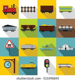 Transport train station icons set. Flat illustration of 16 transport train station vector icons for web design