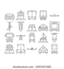 transport transportation car icons set vector. train vehicle, bus plane, ship bicycle, travel truck, airplane public, bike traffic transport transportation car black contour illustrations