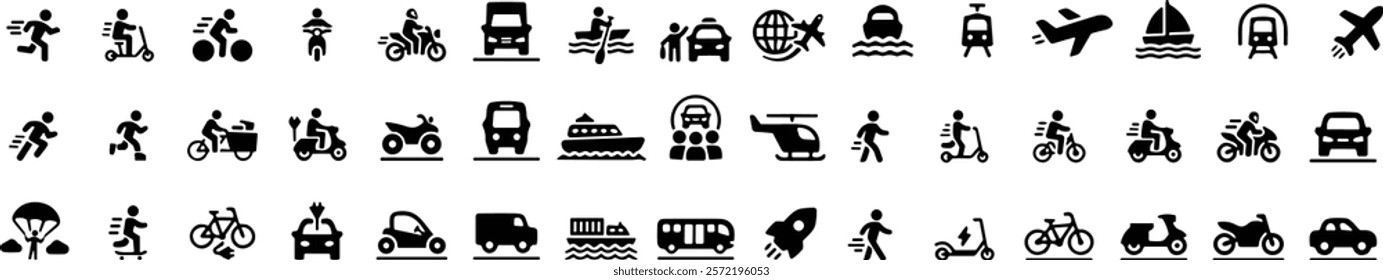 Transport or transportation icon set. Containing car, bike, plane, train, bicycle, motorbike, bus and scooter, tractor and electric vehicle, Ship or Ferry boat, helicopter icons. collection.