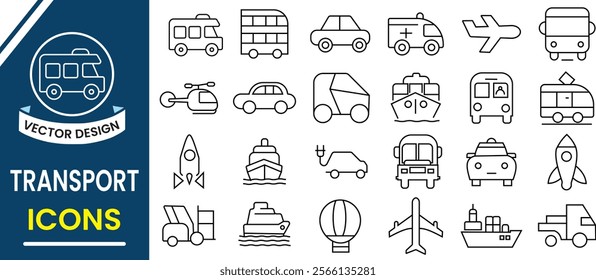 Transport, trave line icon set. Vehicle and Transport web line icons. Car vector, silhouette.  Containing car, bike, plane, helicopter, train, bicycle, motorbike, bus, ship icons. Vector illustration.