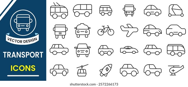 Transport, trave line icon set. Car icon, vector, silhouette. Vehicle and Transport line icons. Containing car, bike, plane, helicopter, train, bicycle, motorbike, bus, ship icons. Vector illustration