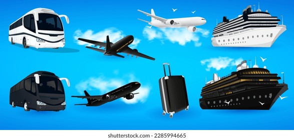 transport for travel, car, train, bus, cruiser and airplane