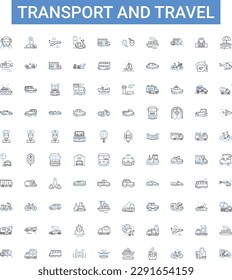 Transport and travel outline icons collection. Logistics, Planes, Boats, Trains, Roads, Ridesharing, Buses vector illustration set. Autos, Taxis, Cabs line signs