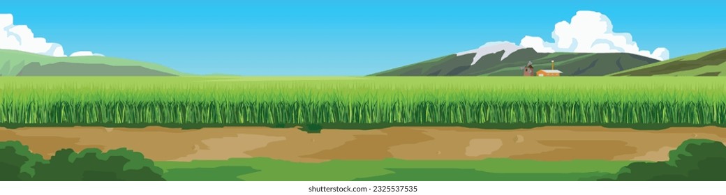 Transport of travel road with nature for banner. Empty soil road beside of road with green grass. Mountain and blue sky with white clouds. Copy Space Flat Vector.