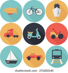 Transport, travel vector icons set flat design with long shadows