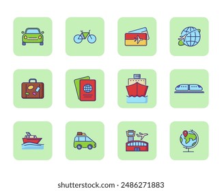 Transport and travelling line icon set. Palms, bus, passport, sea ship, ticket. Can be used for topics like trip, travelling, vacation