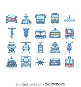 transport truck car vehicle ship doodle icons set vector. traffic plane, bus train, cargo freight, boat delivery, public industry logistic transport truck car vehicle ship sketch hand drawn