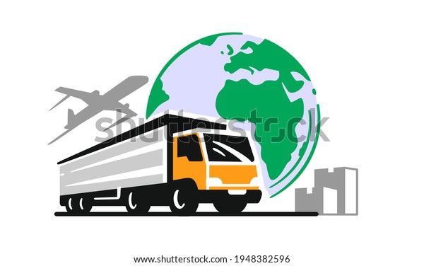 Transport truck\
emblem. Logistic delivery or transportation industry lorry with by\
plane and sphere of\
earth.