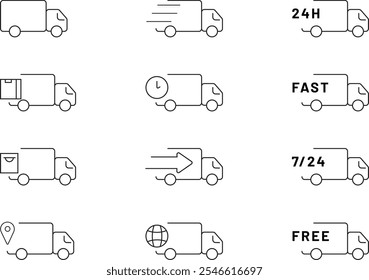 Transport truck icon set vector illustration. Delivery truck icon set editable strokes.