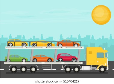 Transport truck on the road with cars flat vector illustration