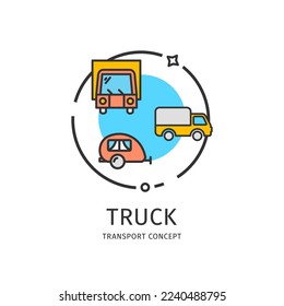 Transport Truck Thin Line Icon Delivery and Shipping Transportation Concept Include of Trailer and Van . Vector illustration