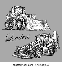 Transport two types of loader. Road construction equipment. In the sketch style, the image is black and white. Vector