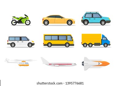 Tipos de transporte ilustraciones vectoriales planas establecidas. Vehículos de caricatura elementos de diseño aislados. camión de pasajeros, motocicleta, autobús urbano, helicóptero, avión, cohete. Público urbano, camiones privados, aviones