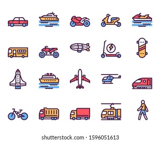 Transport types linear color vector icons set. Car, motorbike, scooter contour symbols. Public transport modes. Bus, airplane, ship. Transportation means. Vehicles outline illustrations collection