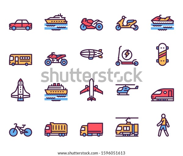 Transport types linear color vector icons set.\
Car, motorbike, scooter contour symbols. Public transport modes.\
Bus, airplane, ship. Transportation means. Vehicles outline\
illustrations\
collection