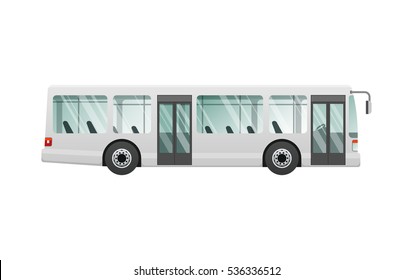 Transport. Urban public transport. White passenger bus with two automatic doors. Fast long four-wheeled mean of transportation. Front and back headlights. Simple cartoon style. Flat design. Vector.