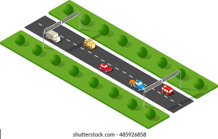 Transport urban road with trees. Isometric view from above of a city 