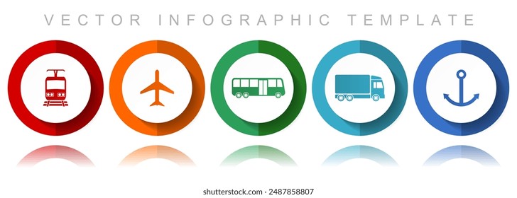 Transport vector icon collection, miscellaneous icons such as train, plane, bus, truck and anchor, flat design infographic template in eps 10