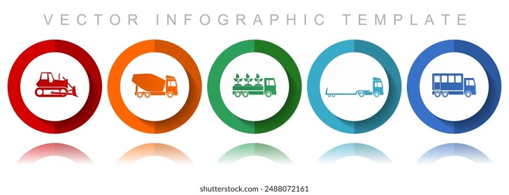 Transport vector icon collection, miscellaneous icons such as bulldozer, concrete mixer, truck and delivery, flat design infographic template in eps 10