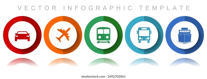 Transport vector icon collection, miscellaneous icons such as car, plane, train, bus and ship, flat design infographic template in eps 10