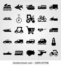 Transport vector icon set. aeroplane, truck, double decker bus and van