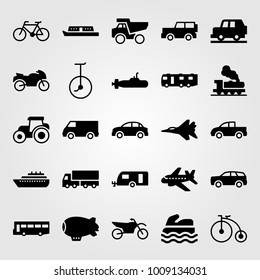 Transport vector icon set. aeroplane, bicycle, dumper and sea scooter