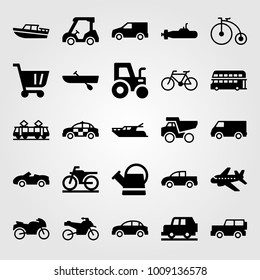 Transport vector icon set. aeroplane, pickup, can and rowing
