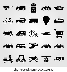 Transport vector icon set. air balloon, police car, bicycle and car
