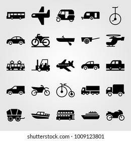 Transport vector icon set. bicycle, unicycle, tuk tuk and car