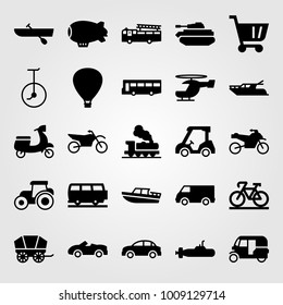 Transport vector icon set. bicycle, fire truck, tractor and tank