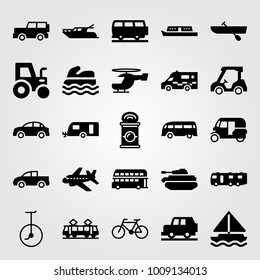 Transport vector icon set. bicycle, tram, unicycle and tank