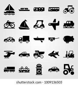 Transport vector icon set. boat, tram, golf car and forklift