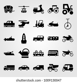 Transport vector icon set. cable car cabin, tuk tuk, rocket and motorcycle